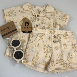 Rabbit + Bear Girl 12M Cream Floral Gauze Shirt Short Sunglasses Set NEW Organic
